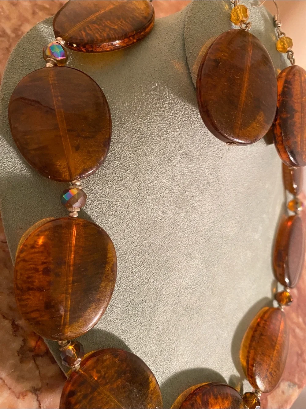 Amber Brown Color Oversized Oval Statement Necklace – Drop Earring Set